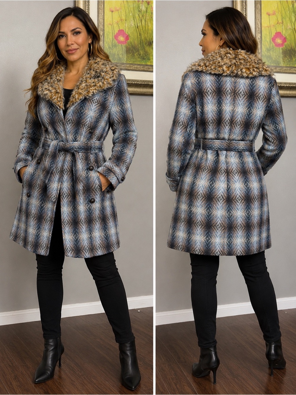 Me Jane Plaid Trench Coat with Faux Fur Collar - Blue Brown